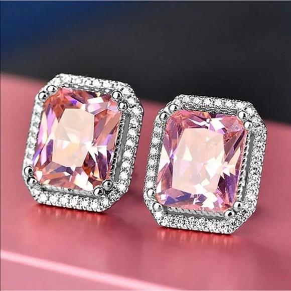 Pink rectangle CZ earrings